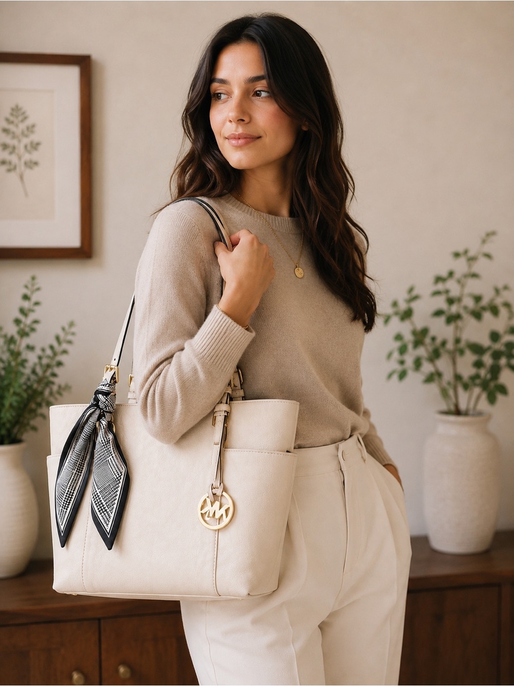 Michael Kors Textured Pebbled Leather Shoulder Bag in Off White - Picture 4 of 12